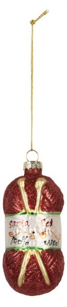 Červená skleněná vánoční ozdoba klubíčko vlny s pletacími jehlicemi Santa Red Wool – 8x8x8 cm