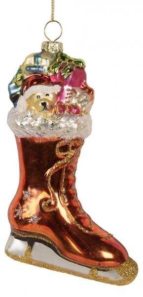 Skleněná vánoční ozdoba lední brusle s medvídkem a dárky – 8x5x13 cm