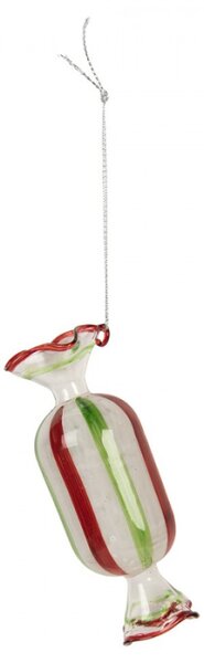 Červeno-zelená skleněná vánoční ozdoba bonbon s proužky – 5x13 cm