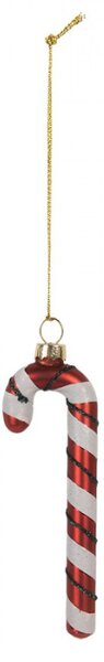 Červeno-bílá skleněná vánoční ozdoba cukrová hůlka Candy Cane se zeleným proužkem – 3x1x12 cm