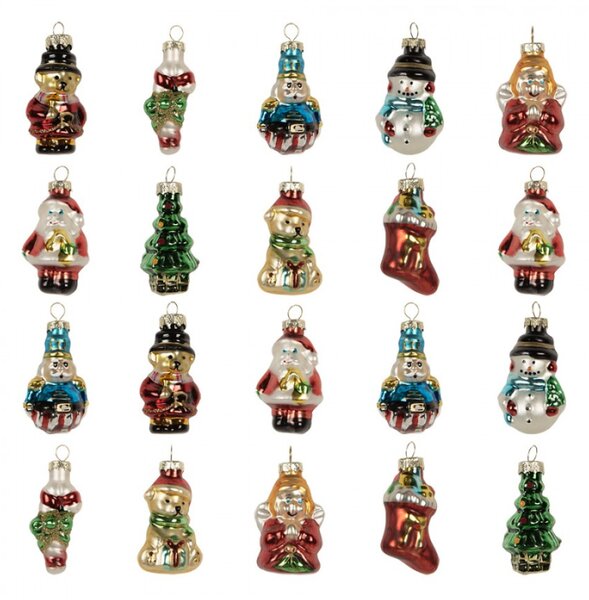 Sada 20 skleněných vánočních ozdob s různými motivy v mini velikosti – 28x20x4 cm