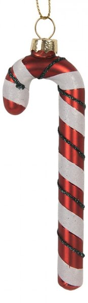 Červeno-bílá skleněná vánoční ozdoba cukrová hůlka Candy Cane se zeleným proužkem – 3x1x12 cm