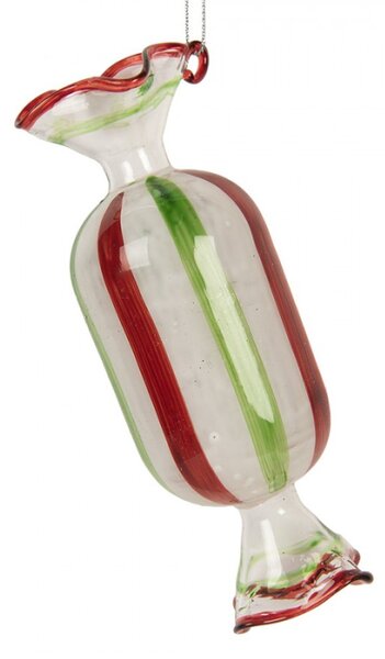 Červeno-zelená skleněná vánoční ozdoba bonbon s proužky – 5x13 cm