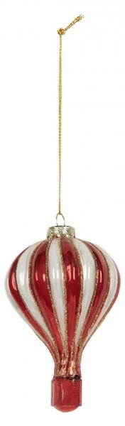 Červeno-bílá skleněná vánoční ozdoba horkovzdušný balon – 6x9 cm