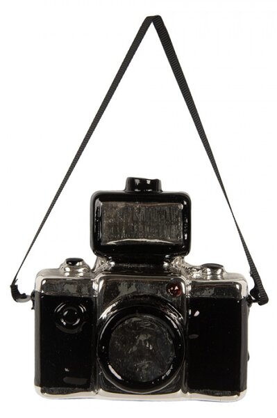 Černá skleněná vánoční ozdoba fotoaparát – 9x5x9 cm