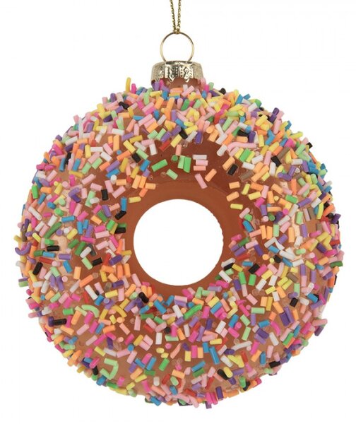 Skleněná vánoční ozdoba kobliha / donut s duhovou posypkou – 9x4 cm
