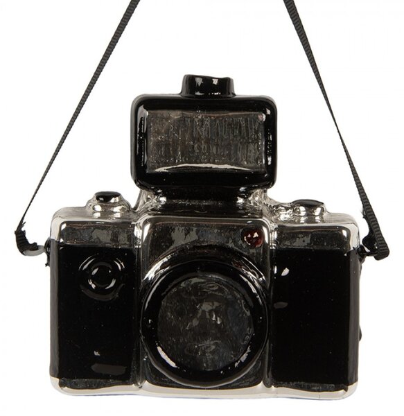 Černá skleněná vánoční ozdoba fotoaparát – 9x5x9 cm