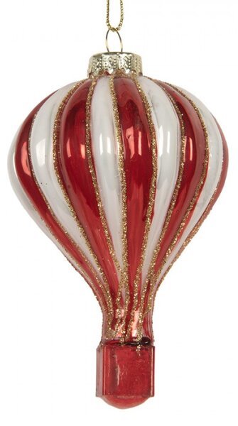 Červeno-bílá skleněná vánoční ozdoba horkovzdušný balon – 6x9 cm