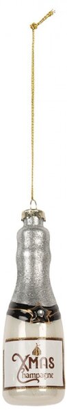Stříbrná skleněná vánoční ozdoba láhev šampaňského Xmas Champagne – 4x13 cm