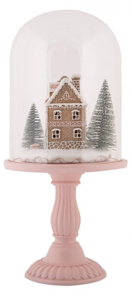 Vánoční dekorace perníkový domeček pod skleněným poklopem na růžovém podstavci – 18x36 cm