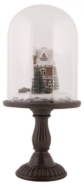 Vánoční dekorace perníkový domeček pod skleněným poklopem na hnědém podstavci – 18x36 cm