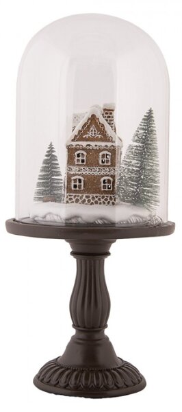 Vánoční dekorace perníkový domeček pod skleněným poklopem na hnědém podstavci – 18x36 cm