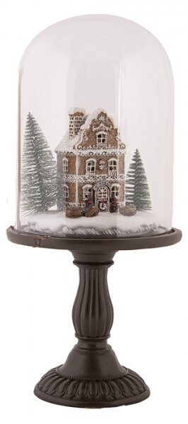 Vánoční dekorace perníkový domeček pod skleněným poklopem na hnědém podstavci – 18x36 cm