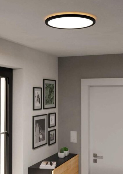 Eglo ZIGBEE 901464 ROVITO-Z - Stropní LED kulaté RGB svítidlo ovládané ovladačem, nebo z mobilní aplikace, LED 18,5W, Ø 39cm, IP44 (Přisazené moderní chytré LED svítidlo v černé barvě s horním RGB světlem)