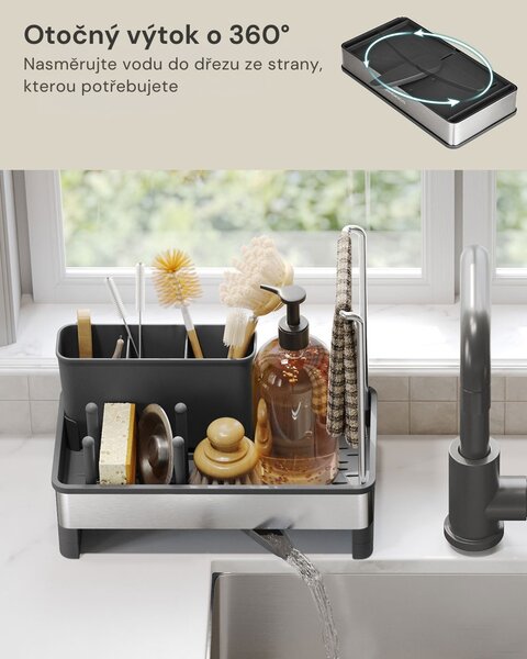Organizér na dřez SINK s odkapávačem, stříbrná/černá SongmicsHome