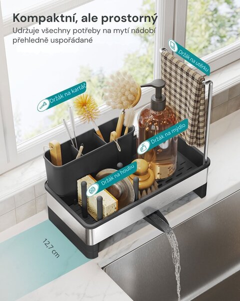 Organizér na dřez SINK s odkapávačem, stříbrná/černá SongmicsHome