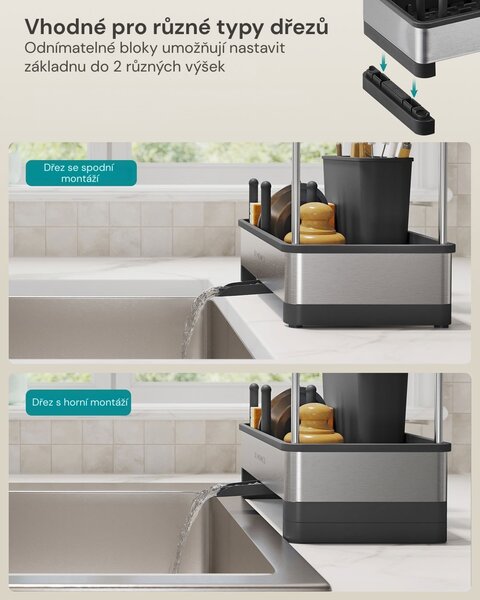 Organizér na dřez SINK s odkapávačem, stříbrná/černá SongmicsHome