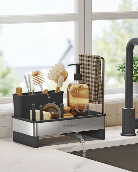 Organizér na dřez SINK s odkapávačem, stříbrná/černá SongmicsHome