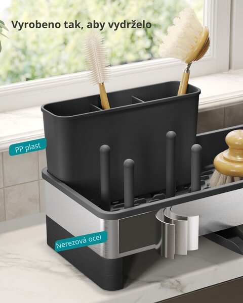 Organizér na dřez SINK s odkapávačem, stříbrná/černá SongmicsHome