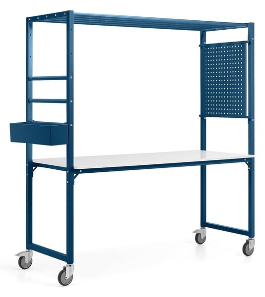 AJ Produkty Mobilní multifunkční stůl TEAMWORK, box na příslušenství, perforovaný panel, modrá/whiteboard deska