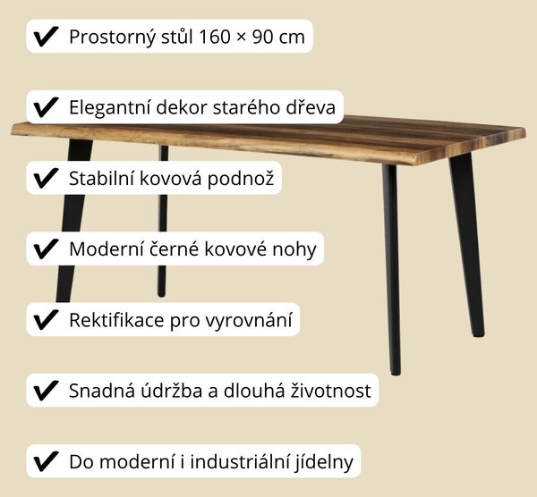 Vikio Stůl jídelní 160x90 staré dřevo noha kov AJS153OW