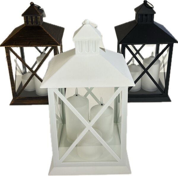 Lucerna plast/sklo 22,5x22,5x40 cm s 3 LED svíčkami, na 2xAA baterie (nejsou součástí) Barva: Černá