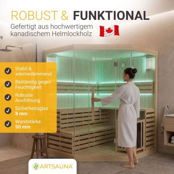 Rohová finská sauna 200x200 cm 8 kW, LED, bezpečnostní sklo