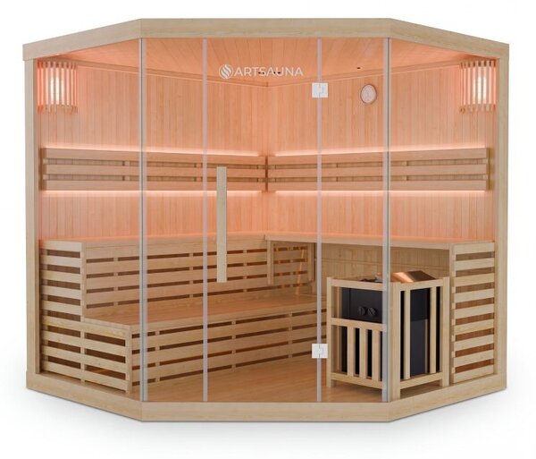 Rohová finská sauna 200x200 cm 8 kW, LED, bezpečnostní sklo