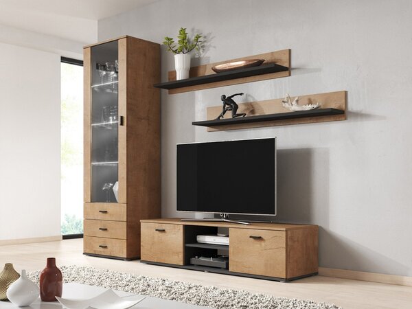 Obývací stěna Boho VII, Osvětlení: osvětlení LED - modré, Barva: černý / černý lesk 5902928120356