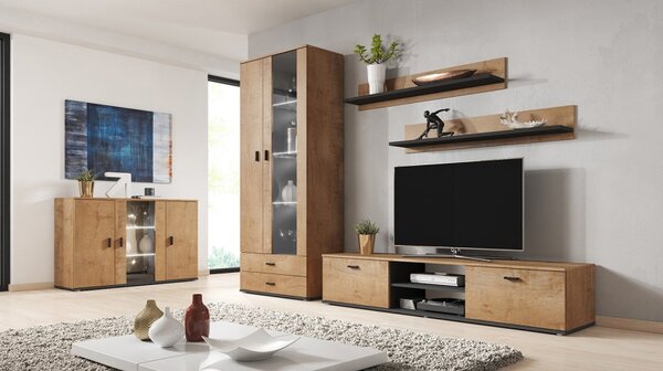 Obývací stěna Boho IX, Osvětlení: osvětlení LED - modré, Barva: bílá / bílá lesk 5902928123852