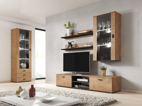 Obývací stěna Boho VI, Osvětlení: osvětlení LED - modré, Barva: bílá / bílá lesk 5902928872071