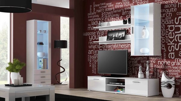 Obývací stěna Boho VI, Osvětlení: osvětlení LED - modré, Barva: bílá / bílá lesk 5902928872071