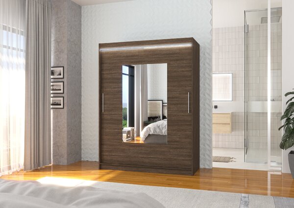 ADRK Šatní zrcadlová skříň posuvná s LED osvětlením DORRIGO CH 150 L, choco