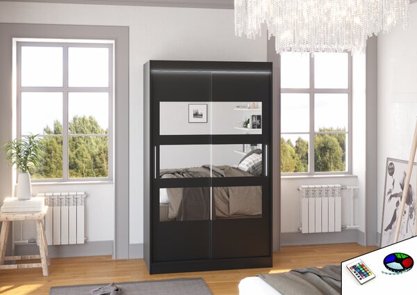 ADRK Šatní zrcadlová skříň posuvná s LED osvětlením KOLORADO B 120 L, černá