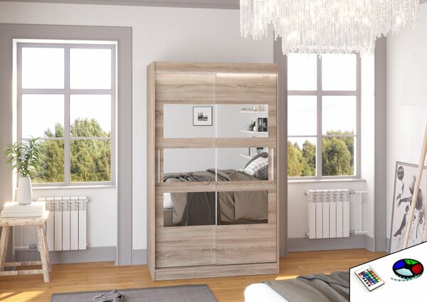 ADRK Šatní zrcadlová skříň posuvná s LED osvětlením KOLORADO T 120 L, truffle