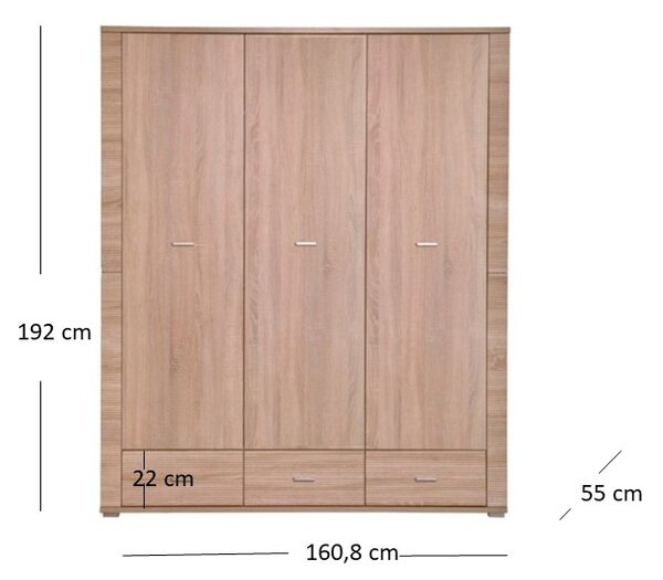 Šatní skříň Gwenn 3D3S (dub sonoma). Akce -22%