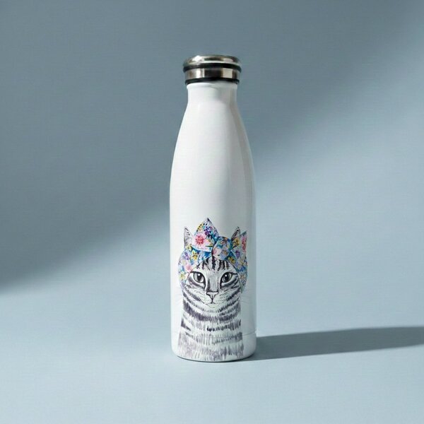 Nerezová termolahev Lady Čiči, 500 ml – bílá, matný povrch, motiv kočky