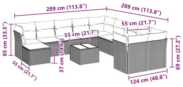 12dílná zahradní sedací souprava podušky světle šedá polyratan 3250461