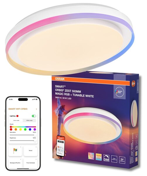 Stropní svítidlo Wifi Orbis ZEST RGB 500mm BÍLÉ, RGB+Laditelná Bílá
