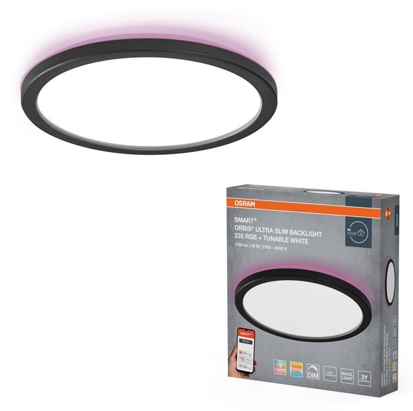 Chytré ultra, Tenké stropní svítidlo Orbis Backlight ČERNÉ 235mm RGB+Laditelná Bílá
