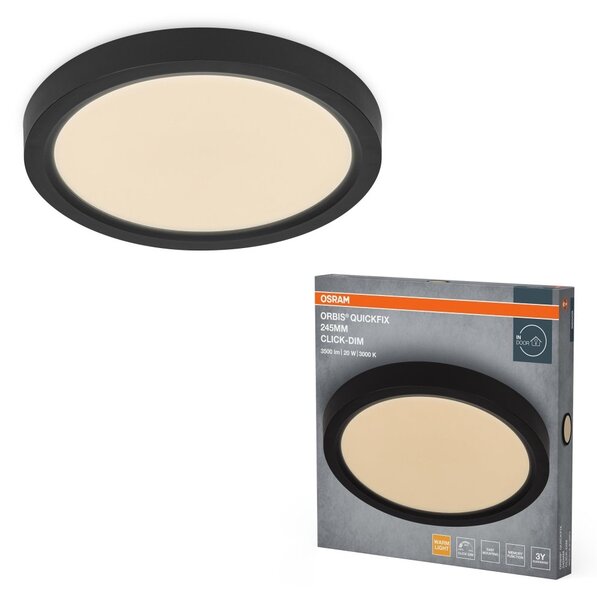 Černý LED Panel ORBIS 245mm 20W Click Stmívatelný, Teplá Bílá