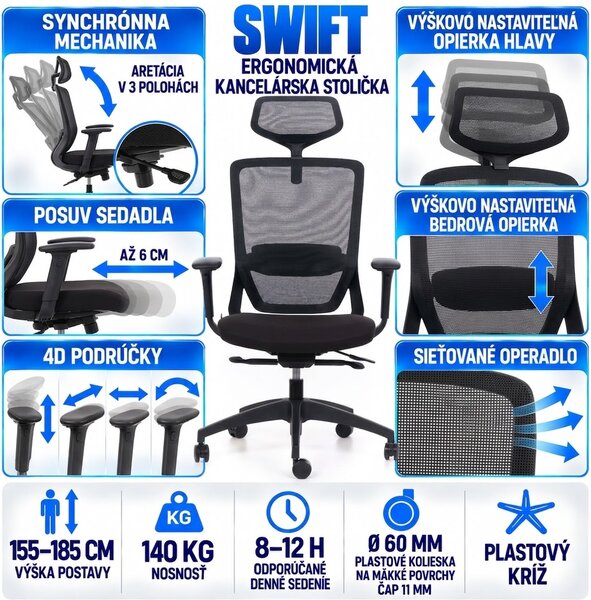 Kancelářská židle MERCURY SWIFT ČERNÝ PLAST, ČERNÁ – ergonomická, , 1054700