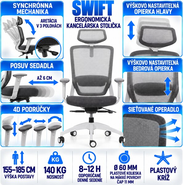 Kancelářská židle MERCURY SWIFT ŠEDÝ PLAST, TMAVĚ ŠEDÁ – ergonomická, , 1054317