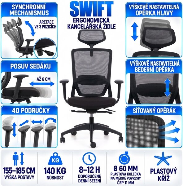 Kancelářská židle MERCURY SWIFT ČERNÝ PLAST, ČERNÁ – ergonomická, , 1054700