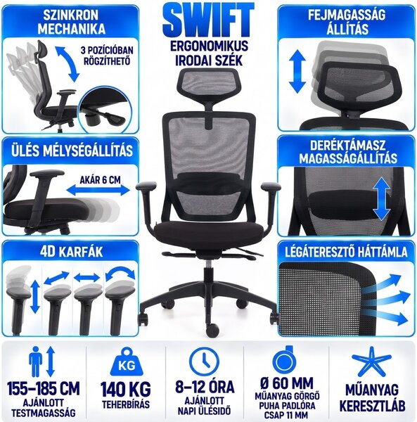 Kancelářská židle MERCURY SWIFT ČERNÝ PLAST, ČERNÁ – ergonomická, , 1054700