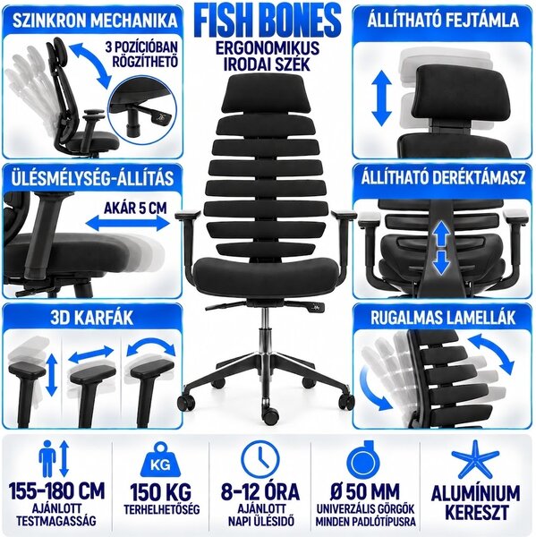 Zdravotní ergonomická kancelářská židle MERCURY FISH BONES PDH ČERNÝ PLAST, ČERNÁ – ohebné lamely v opěráku