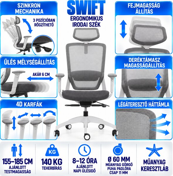 Kancelářská židle MERCURY SWIFT ŠEDÝ PLAST, TMAVĚ ŠEDÁ – ergonomická, , 1054317