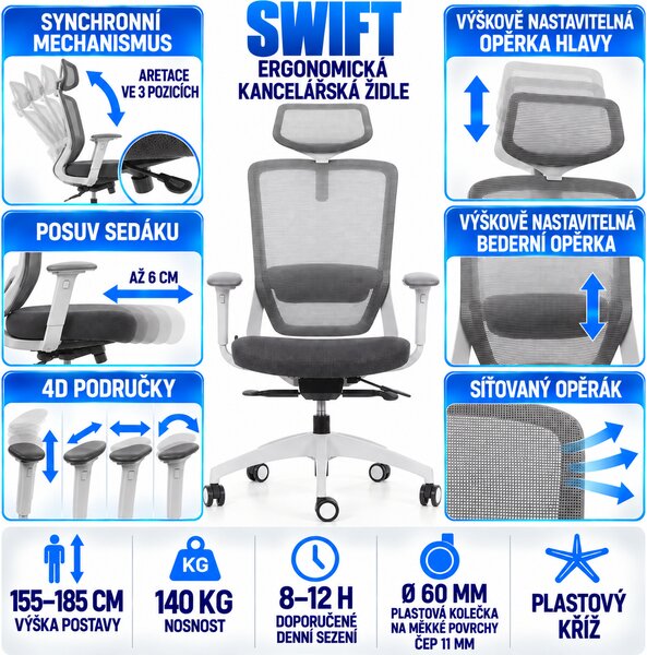Kancelářská židle MERCURY SWIFT ŠEDÝ PLAST, TMAVĚ ŠEDÁ – ergonomická, , 1054317