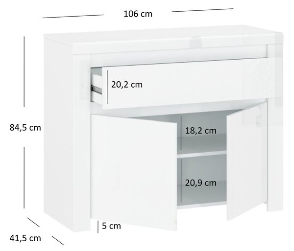 Komoda Leona 2D1S (bílá lesklá). Akce -23%