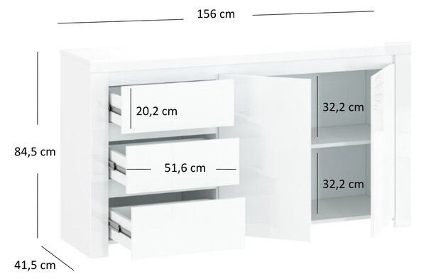 Komoda Leona 2D3S (bílá lesklá). Akce -21%